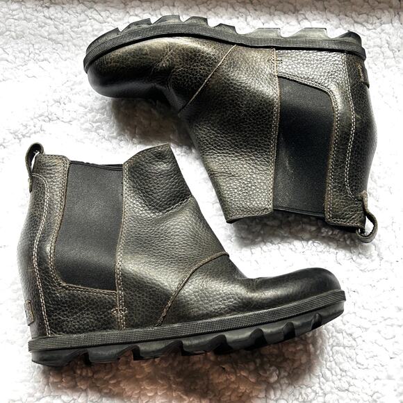 Sorel Joan Chelsea Bootie 9.5 Wedge Ankle Boot Quarry Gray Black Leather - Picture 2 of 8
